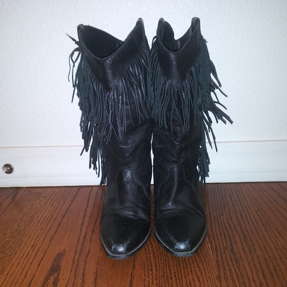 ACME Black Leather Fringe Cowboy Boots